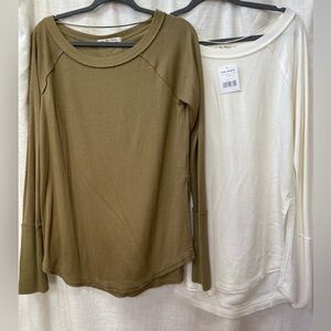 Two Free People We The Free Snowy Thermal Tops Green and White NWT/ NWOT
